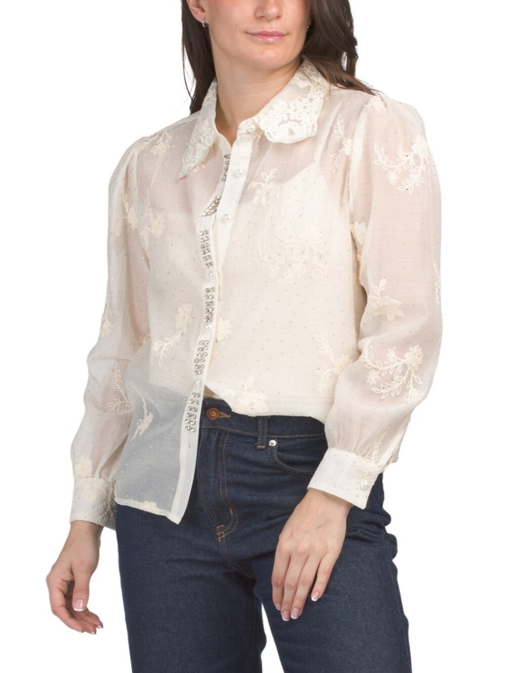 LIV Los Angeles Women's Natural Embroidered Long Sleeve Blouse
